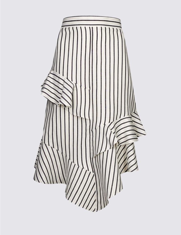 Marks & Spencer Linen Blend Striped Asymmetrical Midi Skirt Ivory Mix