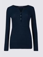 Marks & Spencer Cotton Blend Striped Long Sleeve Top Navy Mix