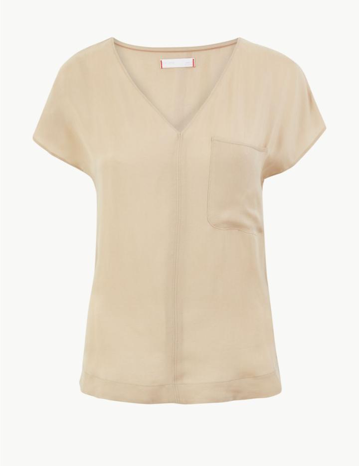 Marks & Spencer Cupro V-neck Cap Sleeve Shell Top Stone