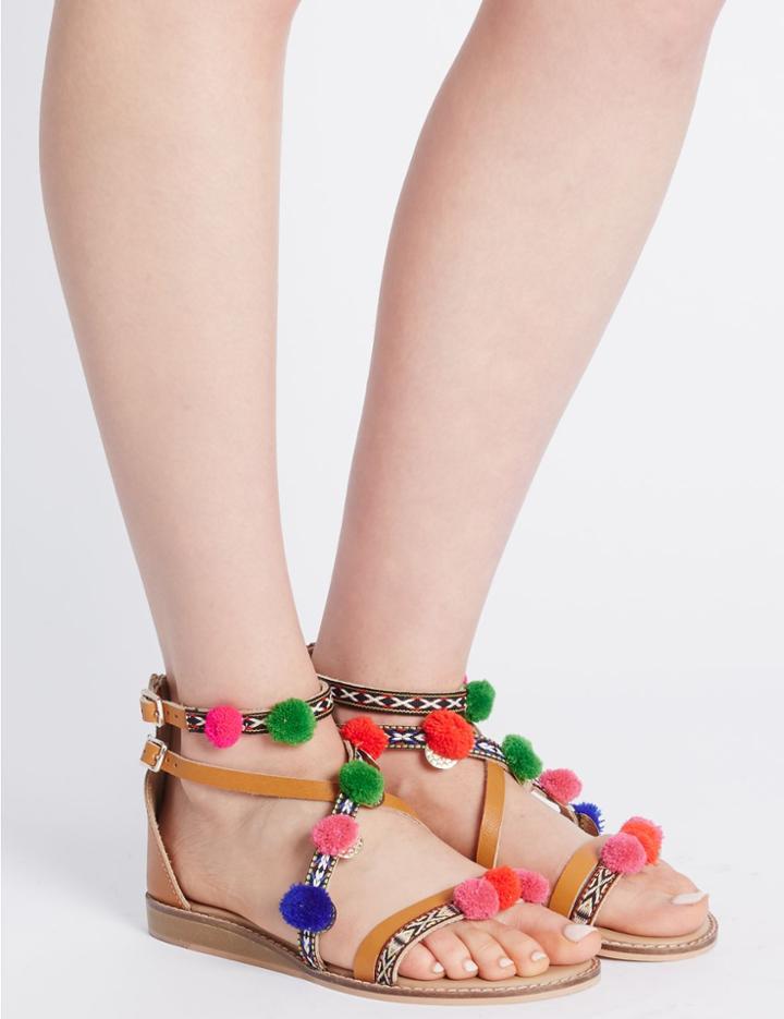 Marks & Spencer Flat Buckle Cross Over Pom Pom Sandals Tan