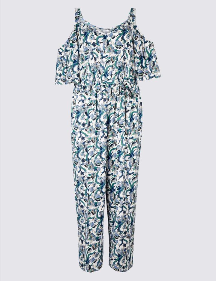 Marks & Spencer Curve Floral Print Half Sleeve Jumpsuit Ivory Mix