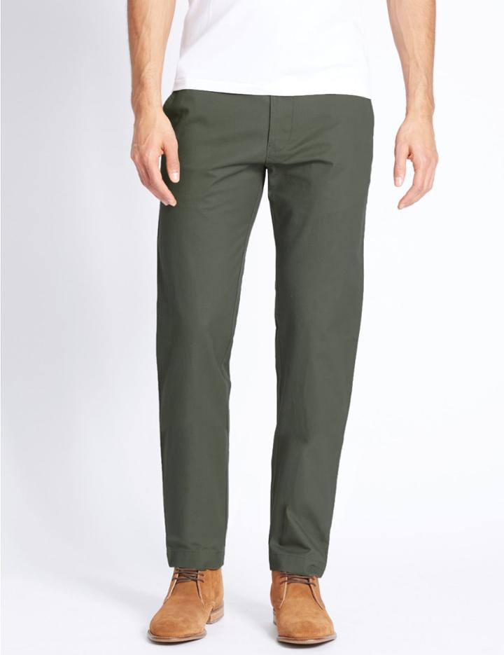 Marks & Spencer Slim Fit Pure Cotton Flat Front Chinos Green