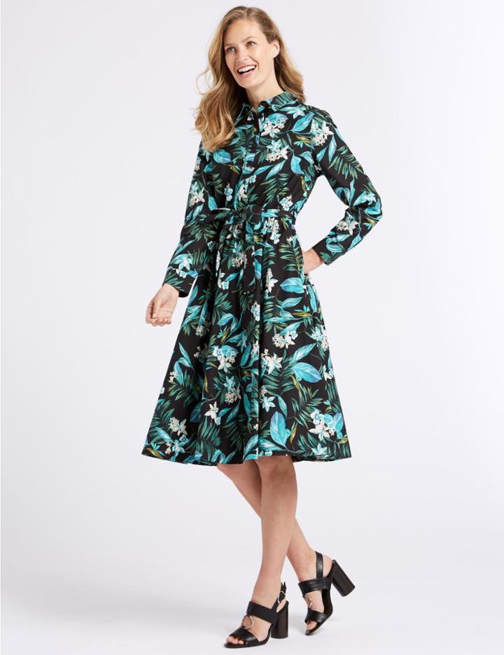 Marks & Spencer Cotton Blend Floral Print Shirt Midi Dress Black Mix
