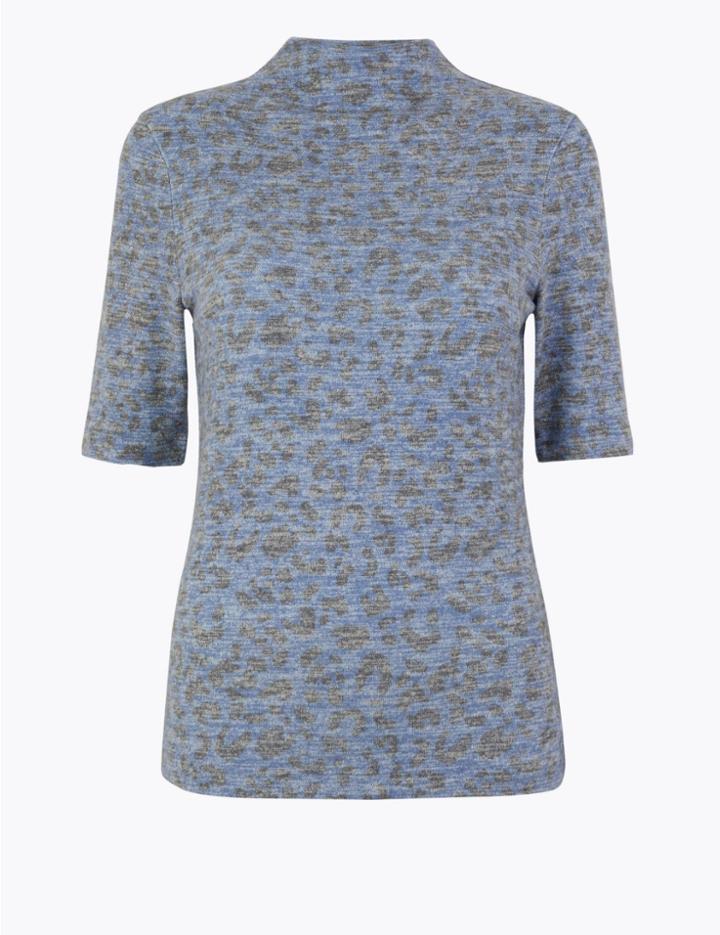 Marks & Spencer Leopard Print Half Sleeve Fitted Top Navy Mix
