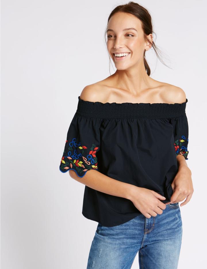 Marks & Spencer Cotton Blend Short Sleeve Bardot Blouse Navy Mix