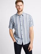 Marks & Spencer Linen Rich Striped Shirt With Pocket Blue Mix