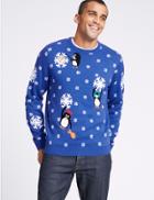 Marks & Spencer Snowflake Penguin Christmas Jumper With Lights Blue Mix