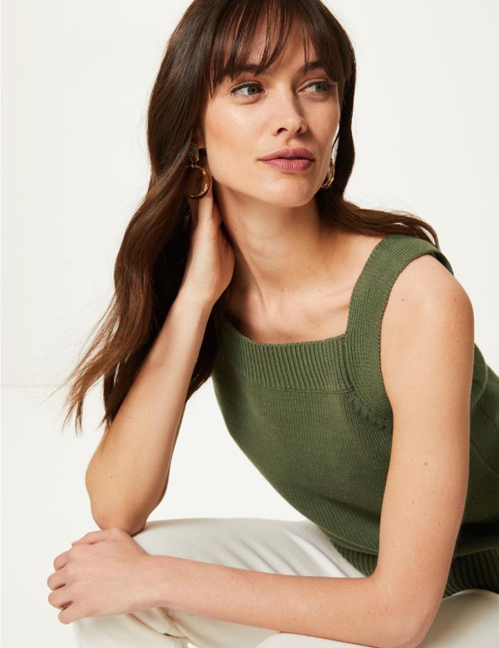 Marks & Spencer Pure Cotton Square Neck Vest Hunter Green