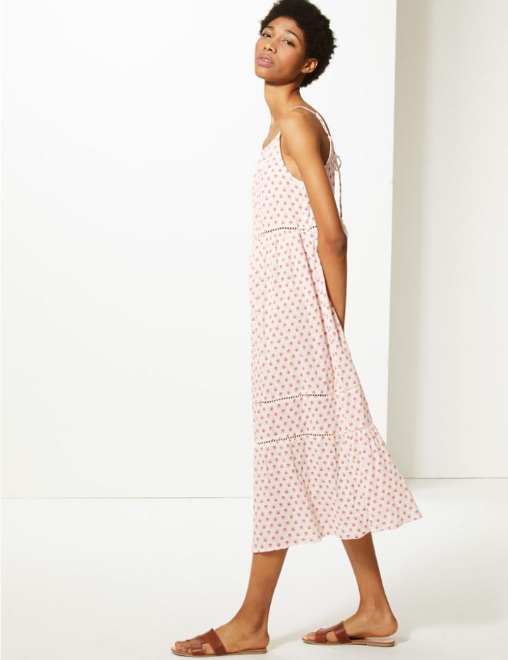 Marks & Spencer Pure Cotton Floral Print Slip Midi Dress Ivory Mix