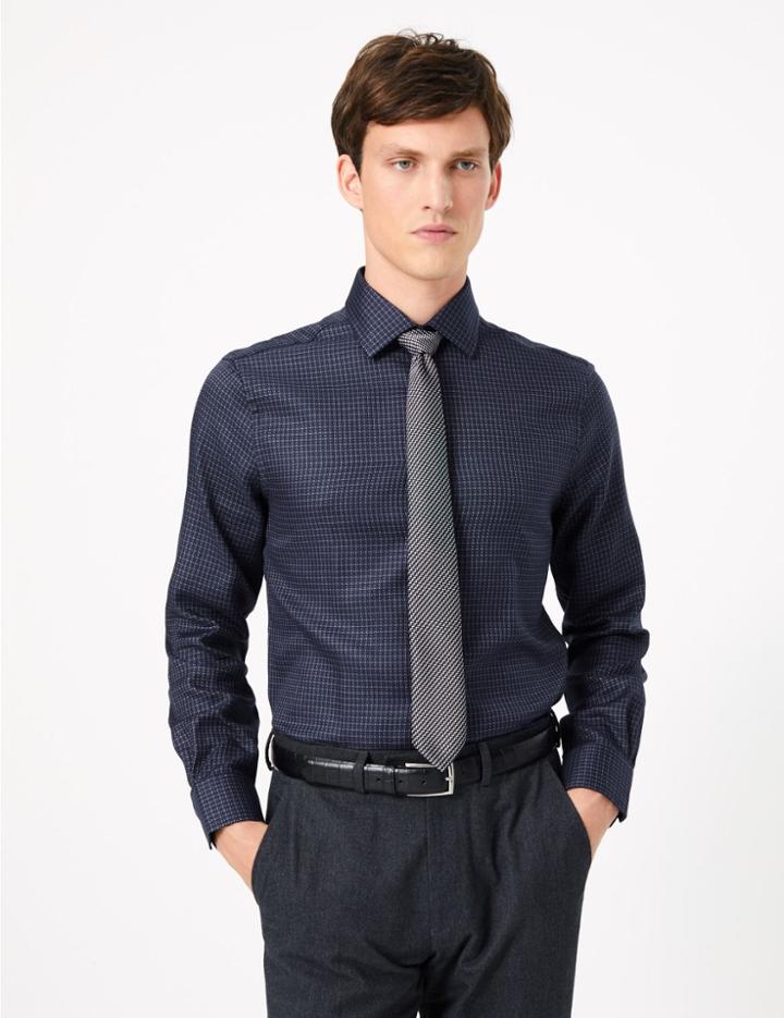 Marks & Spencer Tailored Fit Square Print Easy To Iron Shirt Navy Mix
