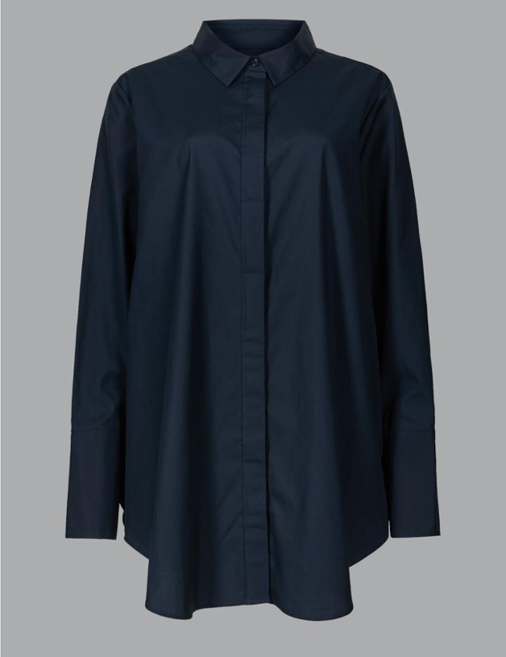 Marks & Spencer Pure Cotton Longline Long Sleeve Shirt Navy