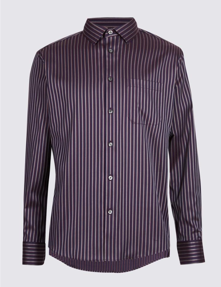 Marks & Spencer Pure Cotton Striped Shirt With Pocket Dark Indigo