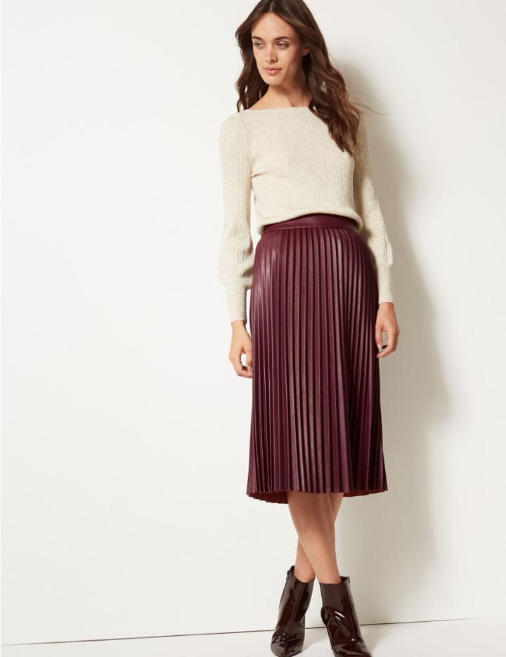 Marks & Spencer Faux Leather Pleated Midi Skirt Dark Claret