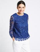 Marks & Spencer Lace Round Neck &frac34; Sleeve Blouse Royal Blue