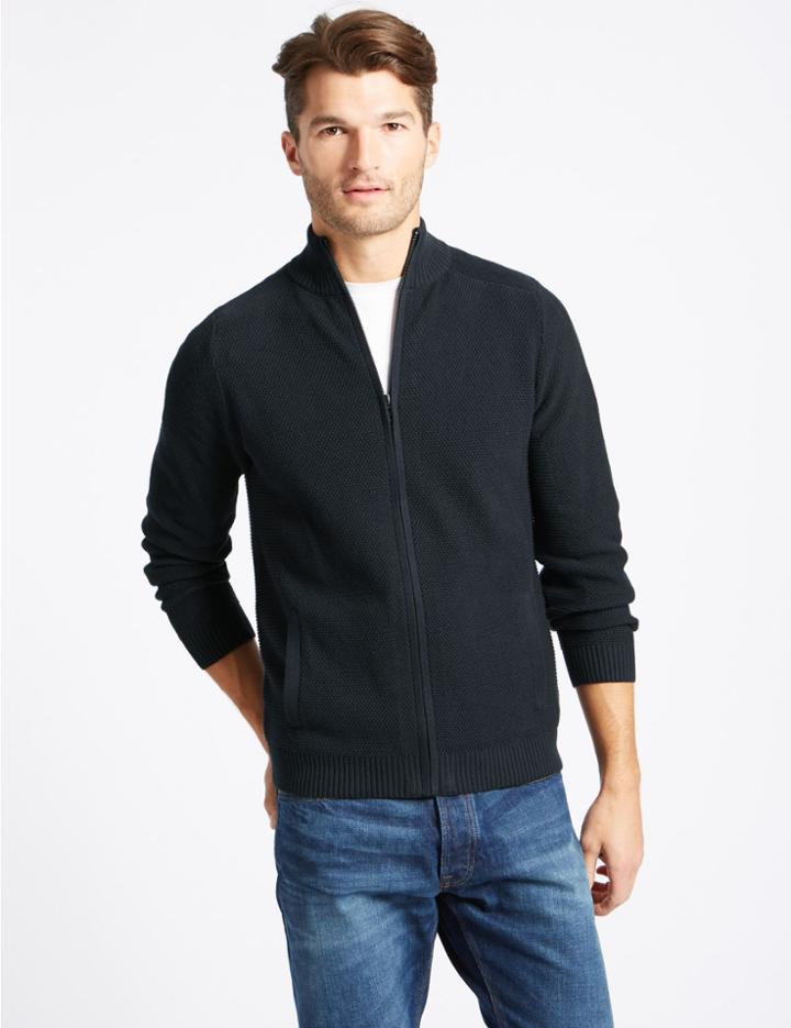 Marks & Spencer Cotton Rich Textured Zip Through Cardigan Navy