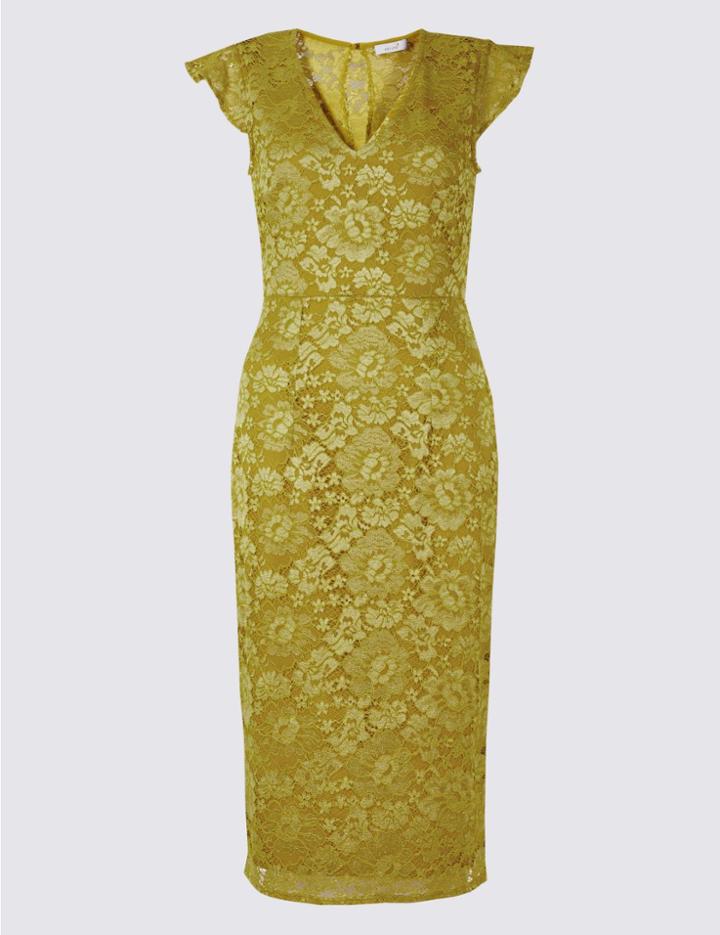Marks & Spencer Floral Lace Cap Sleeve Bodycon Midi Dress Yellow