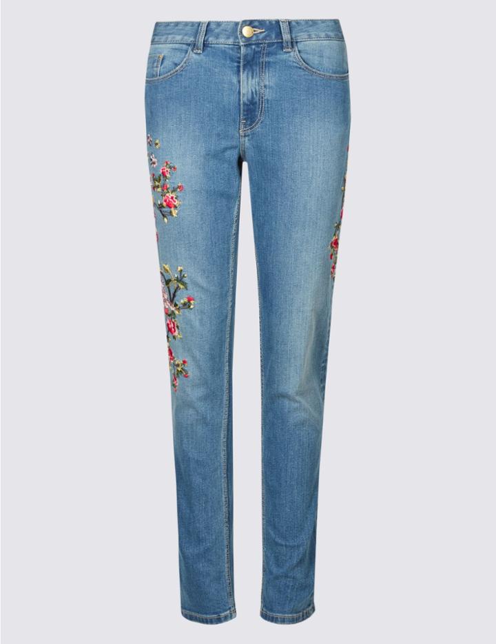 Marks & Spencer Cotton Rich Embroidered Mid Rise Jeans Medium Blue