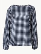 Marks & Spencer Checked Round Neck Long Sleeve Blouse Navy