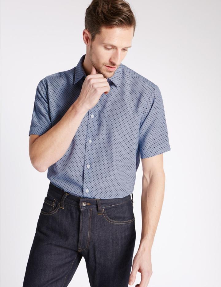 Marks & Spencer Easy Care Geometric Print Shirt Smokey Blue