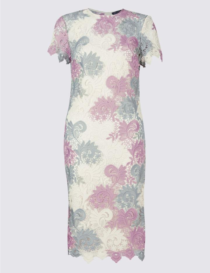 Marks & Spencer Swirl Lace Short Sleeve Bodycon Midi Dress Pink Mix