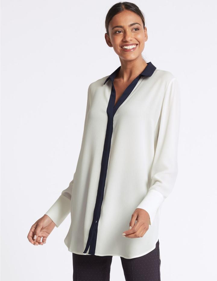 Marks & Spencer Contrast Trim Longline Long Sleeve Shirt Ivory Mix