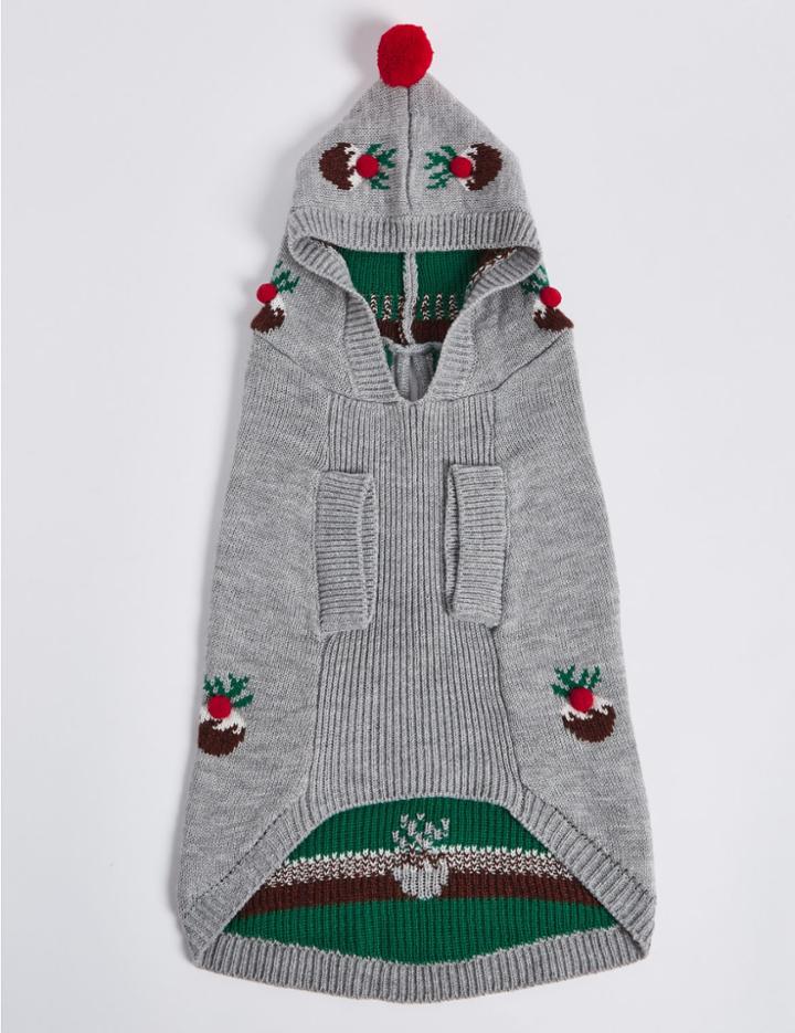 Marks & Spencer Dog Christmas Pudding Print Jumper Grey Mix