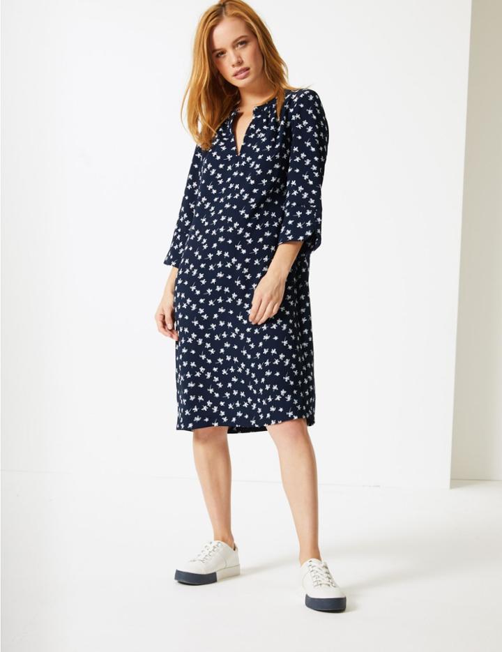 Marks & Spencer Petite Floral Print 3/4 Sleeve Shift Dress Navy Mix