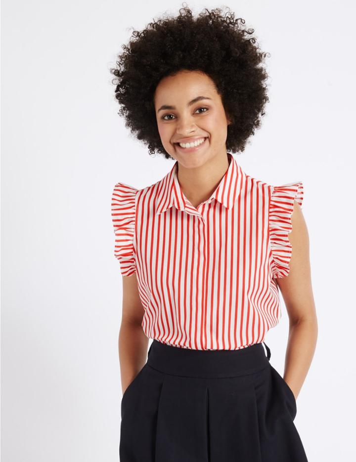 Marks & Spencer Pure Cotton Striped Ruffle Shirt Orange Mix