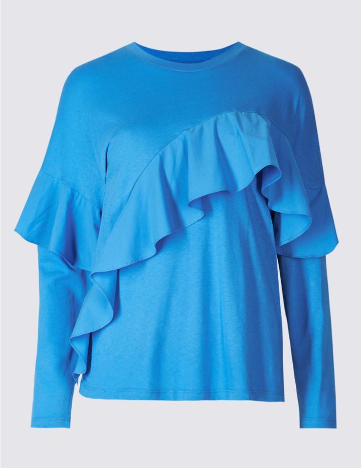 Marks & Spencer Pure Cotton Ruffle Front T-shirt Medium Blue Mix