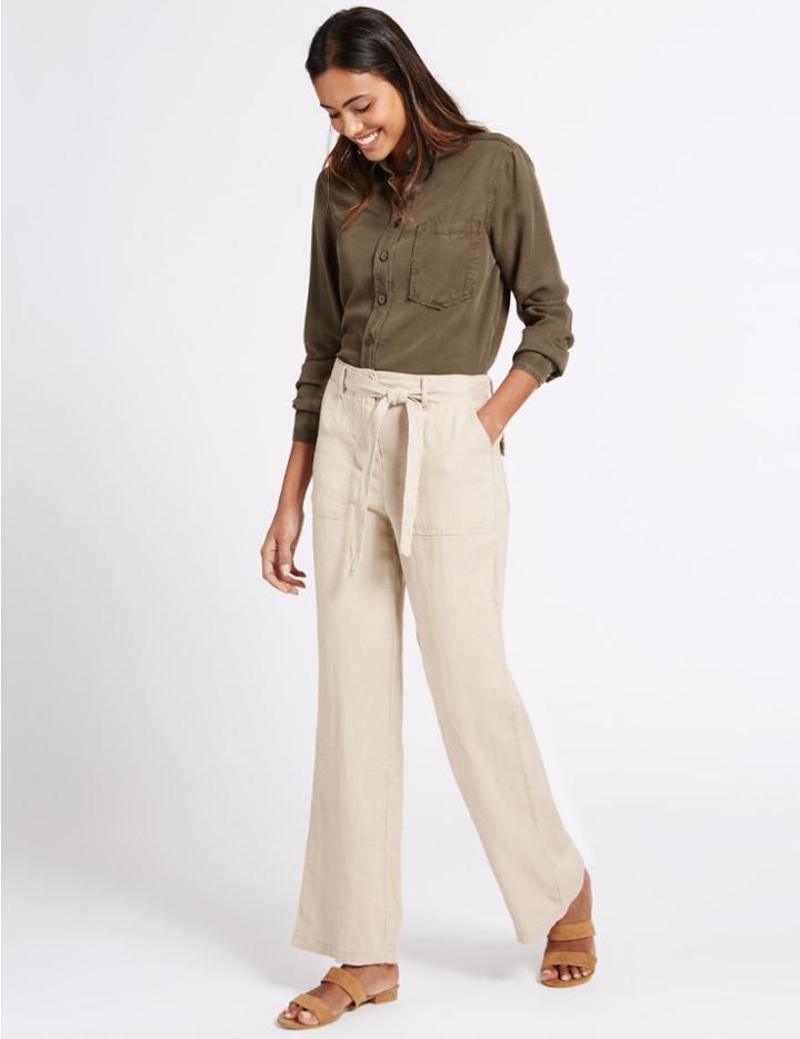 Marks & Spencer Pure Linen Wide Leg Trousers Flax