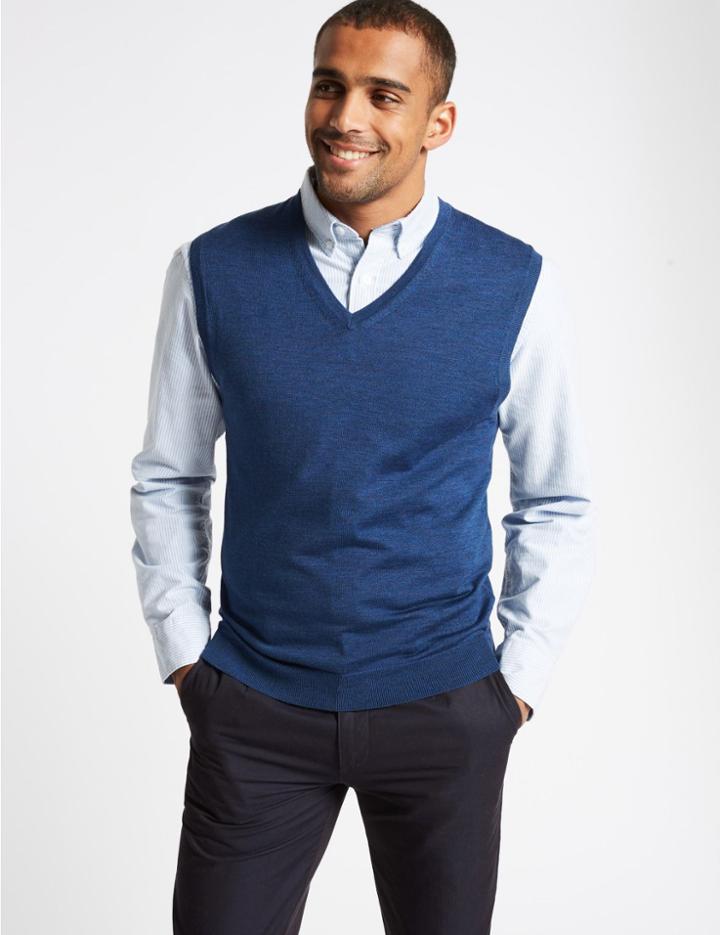 Marks & Spencer Pure Merino Wool Sleeveless Jumper Denim