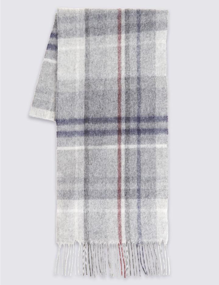 Marks & Spencer Checked Lambswool Scarf Grey Mix
