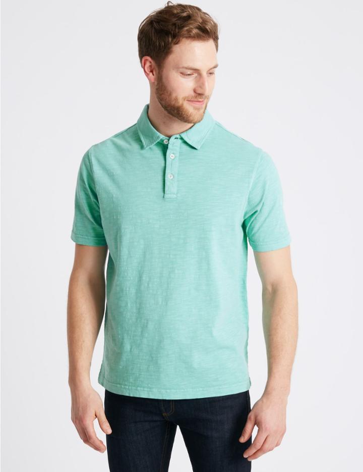 Marks & Spencer Pure Cotton Textured Authentic Polo Shirt Aqua