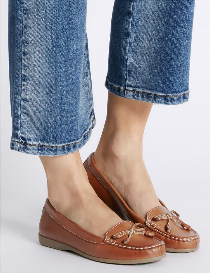 Marks & Spencer Leather Low Heel Bow Boat Shoes Tan