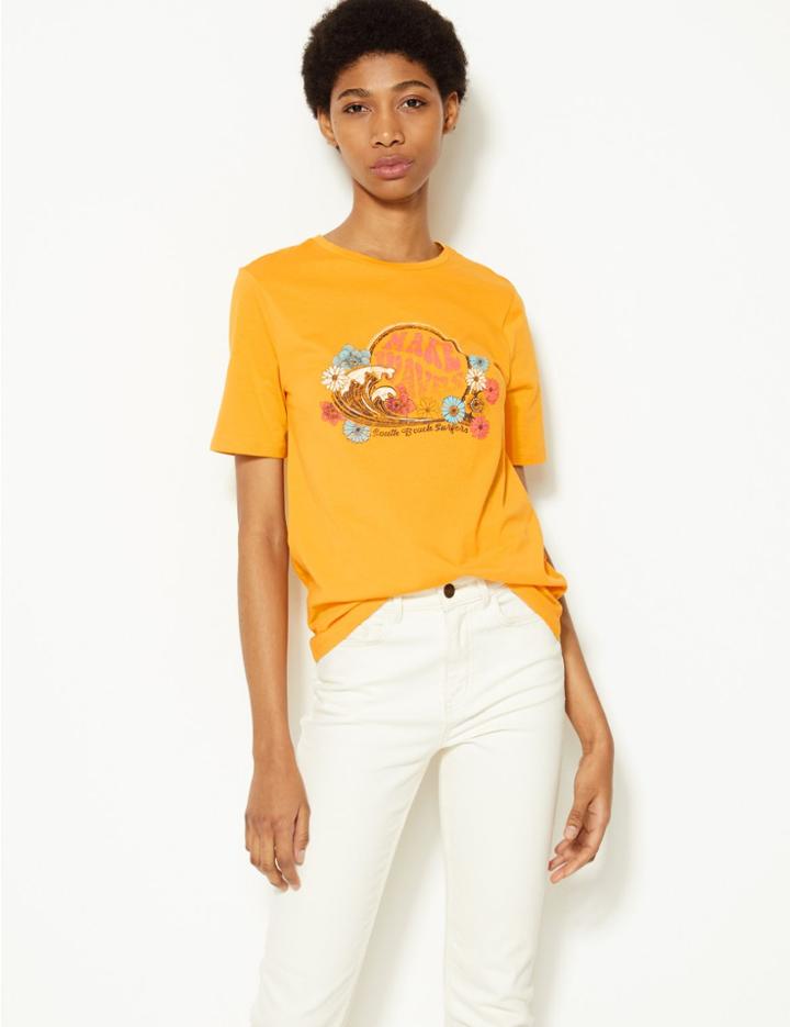 Marks & Spencer Pure Cotton Printed Straight Fit T-shirt Yellow Mix