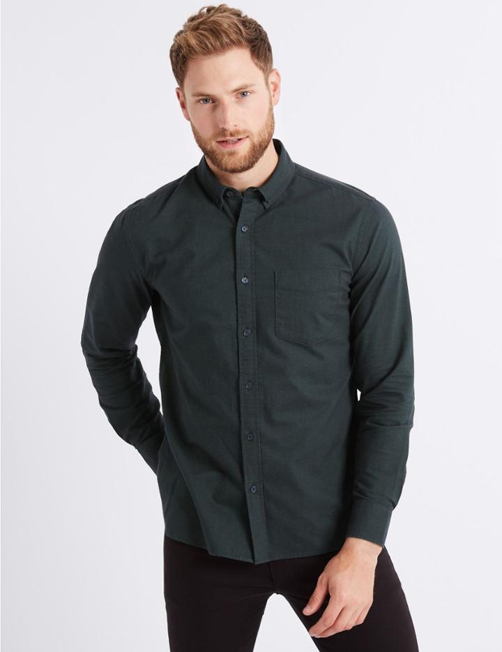 Marks & Spencer Pure Cotton Slim Fit Oxford Shirt With Pocket Evergreen