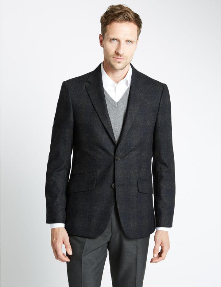 Marks & Spencer Wool Blend Tailored Fit Check 2 Button Subtle Jacket Navy Mix