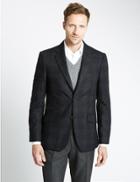 Marks & Spencer Wool Blend Tailored Fit Check 2 Button Subtle Jacket Navy Mix