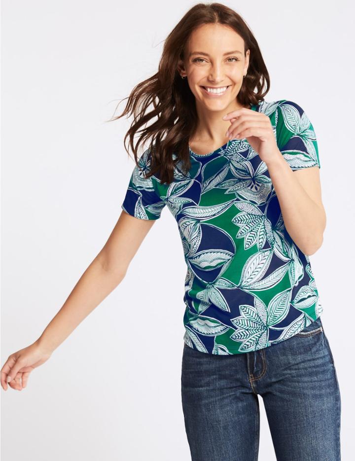 Marks & Spencer Leaf Print Round Neck Short Sleeve T-shirt Green Mix