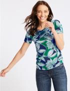 Marks & Spencer Leaf Print Round Neck Short Sleeve T-shirt Green Mix