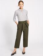 Marks & Spencer Cotton Rich Tie Front Straight Leg Trousers Medium Khaki
