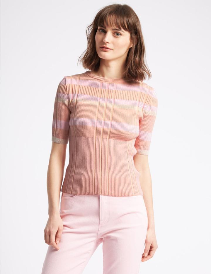 Marks & Spencer Cotton Rich Striped Round Neck Jumper Pink Mix