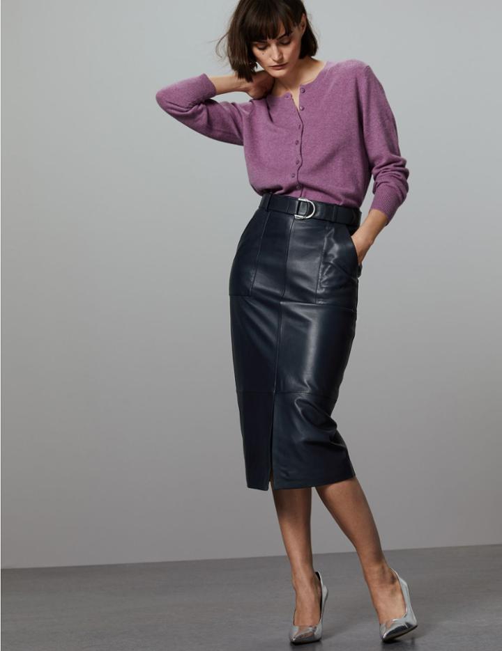 Marks & Spencer Leather Belted Pencil Skirt Navy