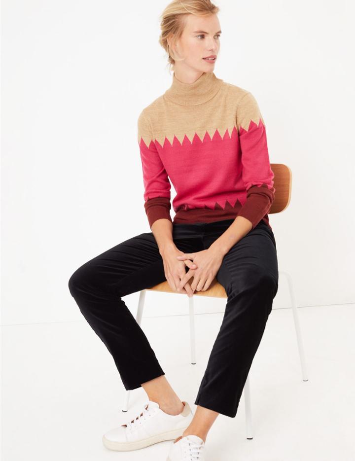 Marks & Spencer Cashmilon&trade; Colour Block Roll Neck Jumper Pink Mix