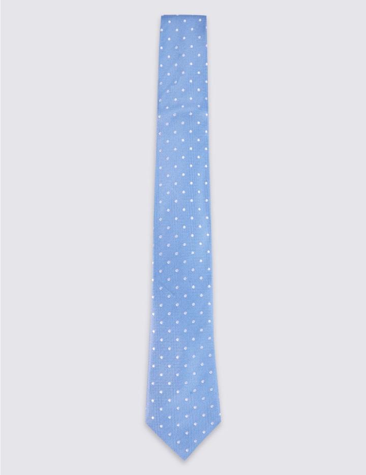 Marks & Spencer Pure Silk Spotted Tie & Pocket Square Set Light Blue Mix
