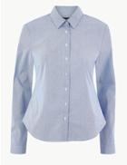 Marks & Spencer Cotton Rich Striped Button Detailed Shirt Blue Mix
