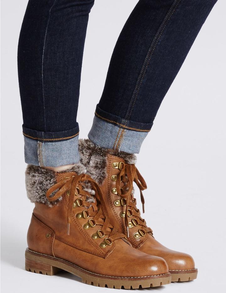 Marks & Spencer Block Heel Faux Fur Hiker Ankle Boots Tan
