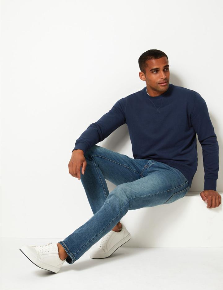 Marks & Spencer Cotton Crew Neck Sweatshirt Navy