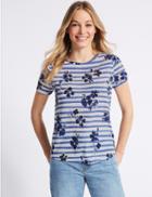Marks & Spencer Striped Floral Print Short Sleeve T-shirt Blue Mix
