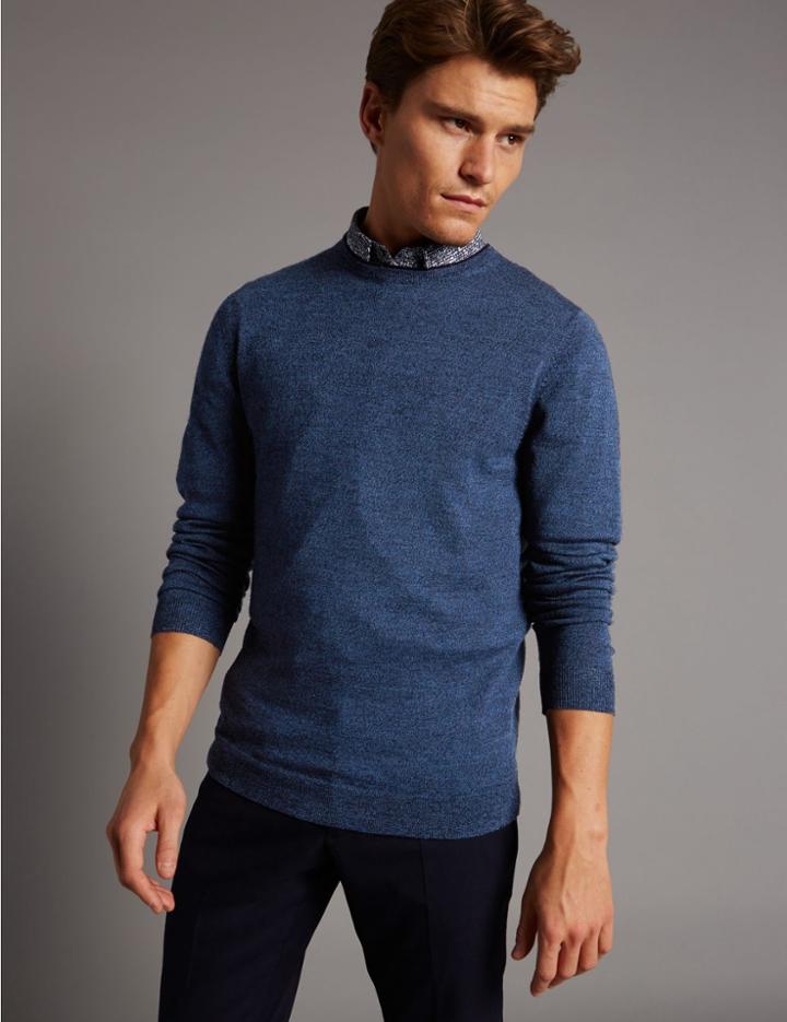 Marks & Spencer Pure Merino Wool Textured Crew Neck Jumper Blue Mix